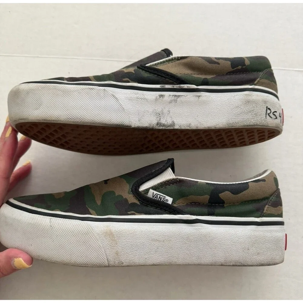 Vans Classic Slip-On Shoes Men 6.0 Women 7.5 Brown Green Black Woodland Camo